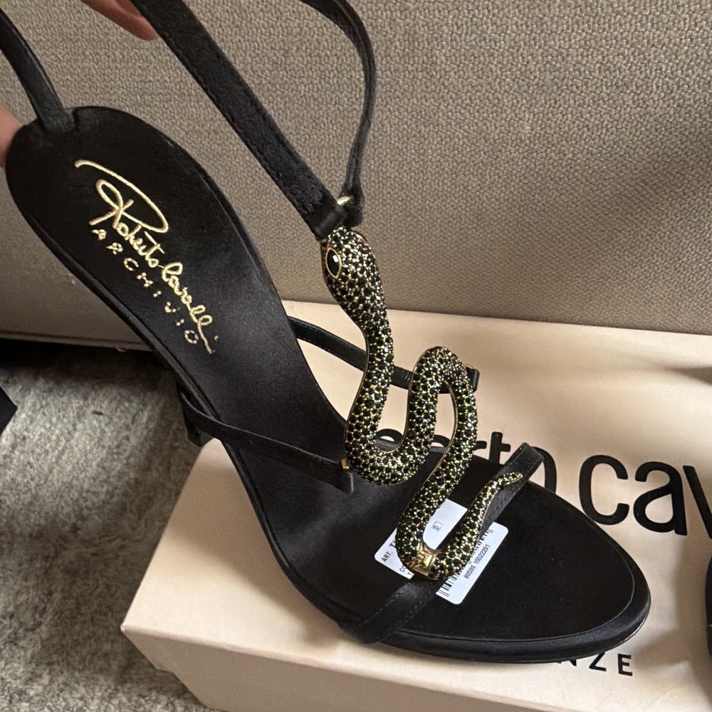 Roberto Cavalli Black/Gold Silk Strappy Open Toe Ankle Strap Buckle Heel 9 NIB - Picture 2 of 6
